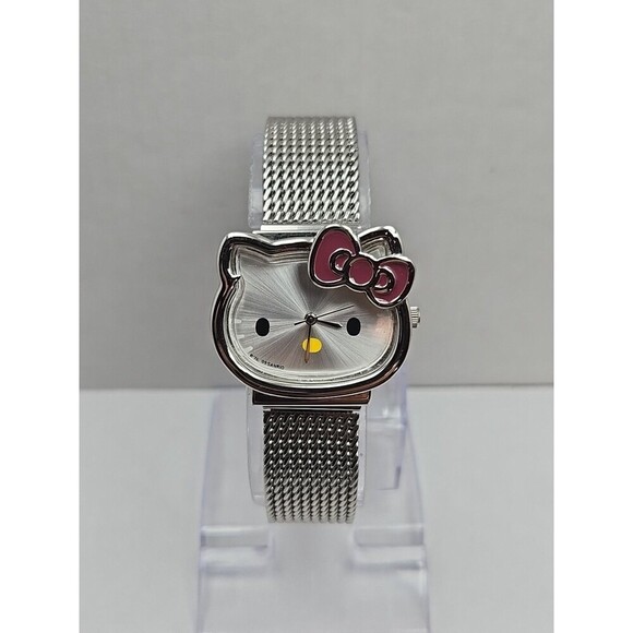 Sanrio Hello Kitty Women Watch Silver Mesh Band Quartz New Battery Pink Bow 31mm - Picture 1 of 10